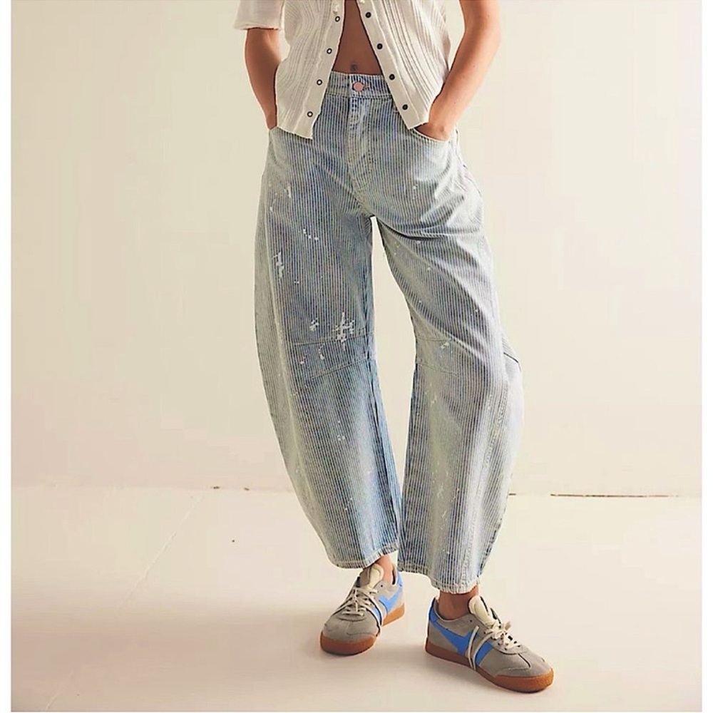 SOLD OUT Free People We The Free Good Luck Stripe Barrel Jeans Railroad Tracks